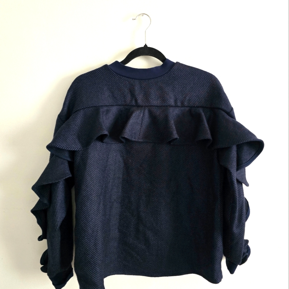 Tish Cox Herringbone Navy Ruffle Sleeve Gina Top Small - Picture 4 of 8